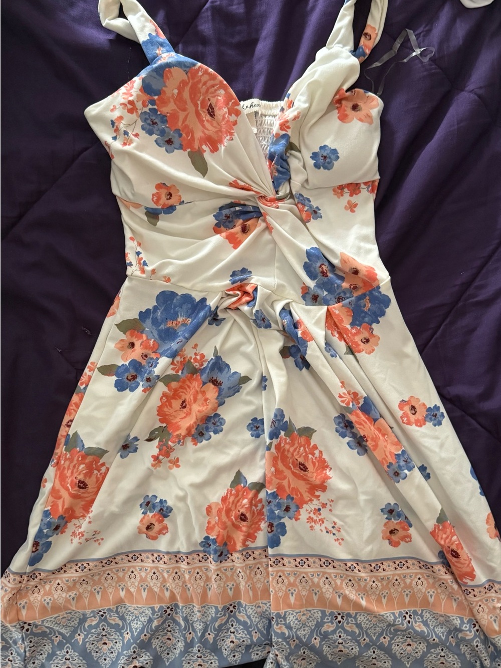 Floral Twist-Front Summer Dress in Cream with Coral & Blue